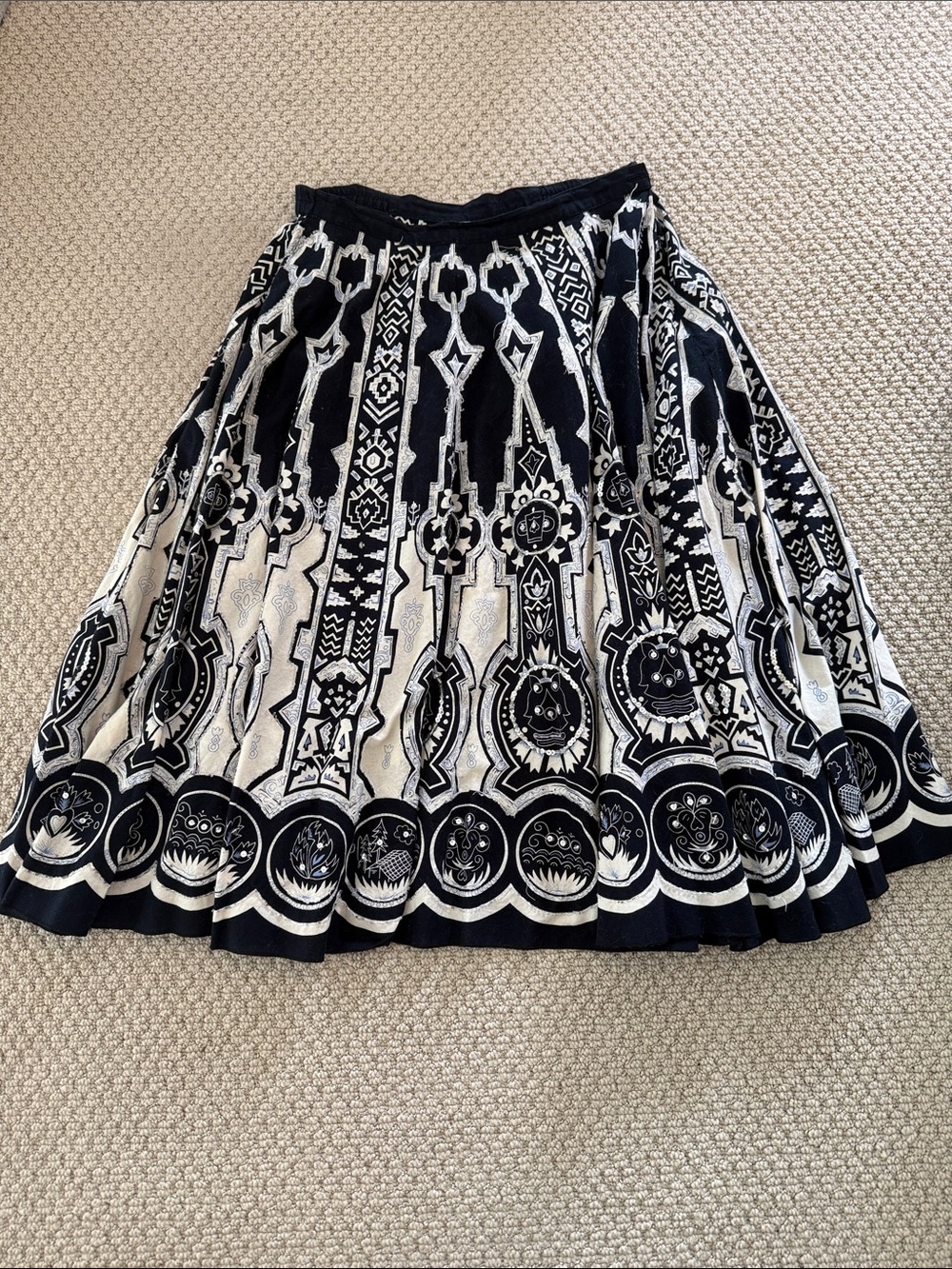 Navy and White Patterned Pleated Embellished Women's Midi Skirt